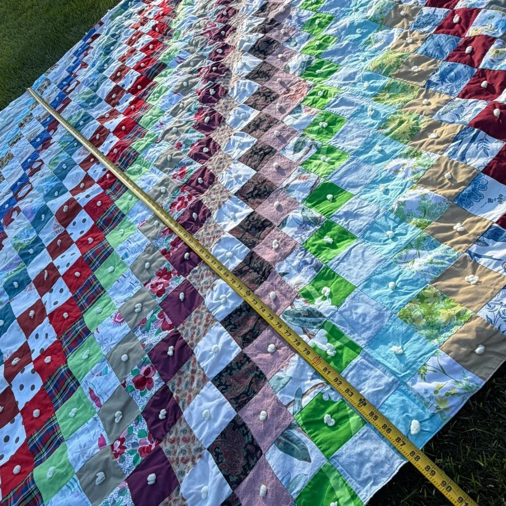Handmade Patchwork Quilt Multi Color Scrap Scalloped Edge Tufted Farmhouse 88x73
